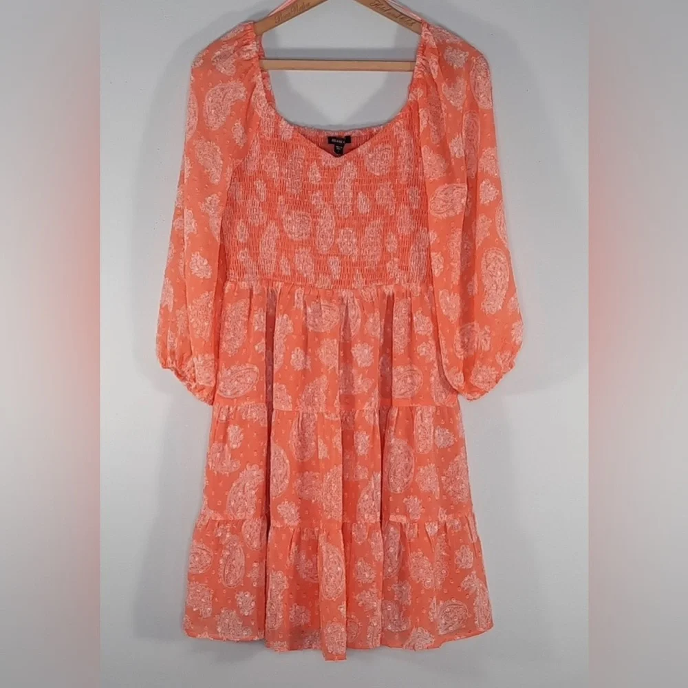 Skies Are Blue Tiered Smocked Bodice Babydoll A-Line Mini Dress SZ M Coral - Picture 2 of 12